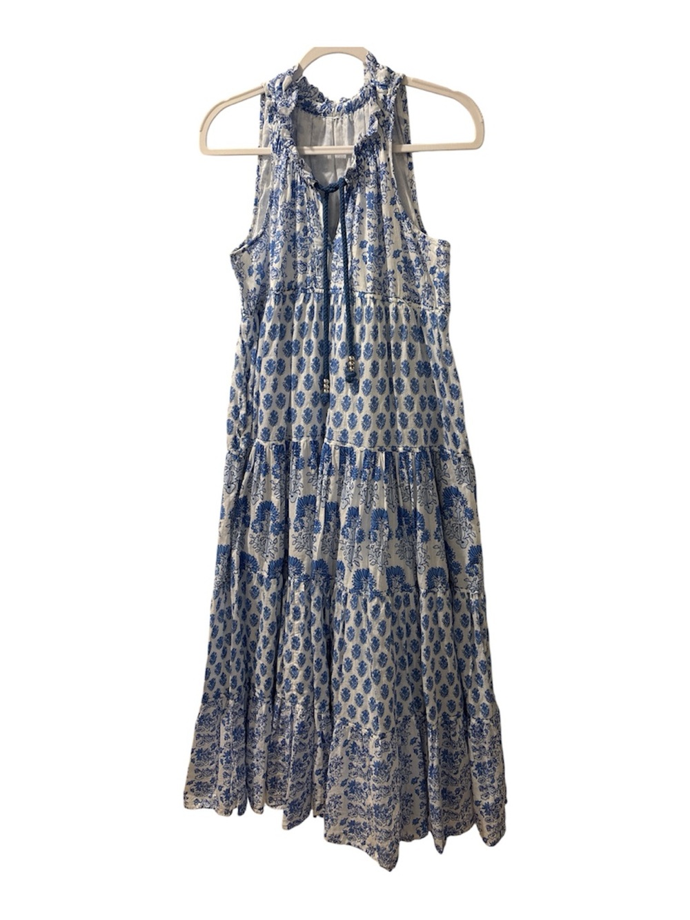 Calypso St. Barth Blue White Floral Block Print Tiered Maxi Dress Halter, Small - Picture 3 of 13